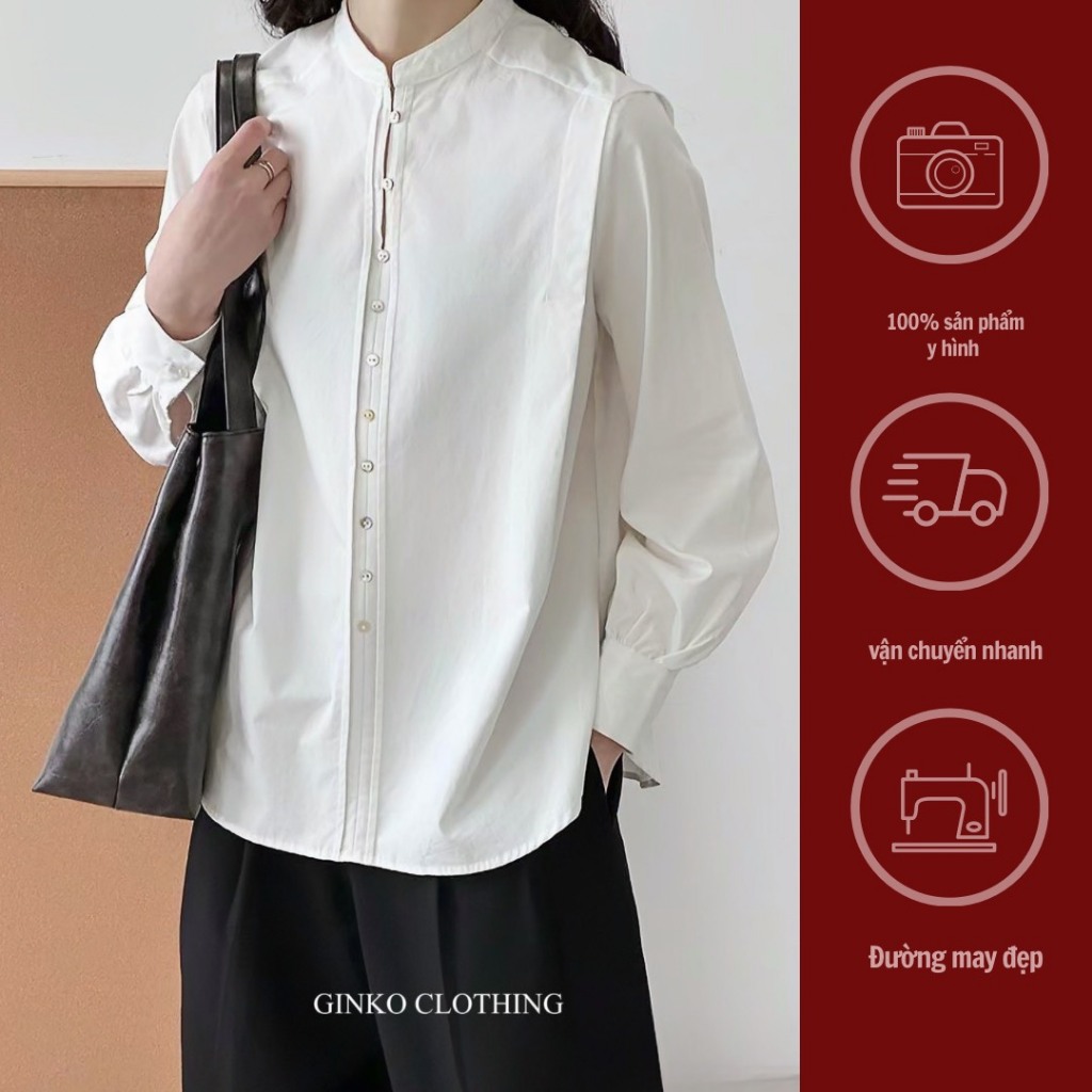 GINKO CLOTHING_Áo Sơ Mi Công Sở Nữ Cổ Tàu Phối Cúc Xà Cừ SM2402