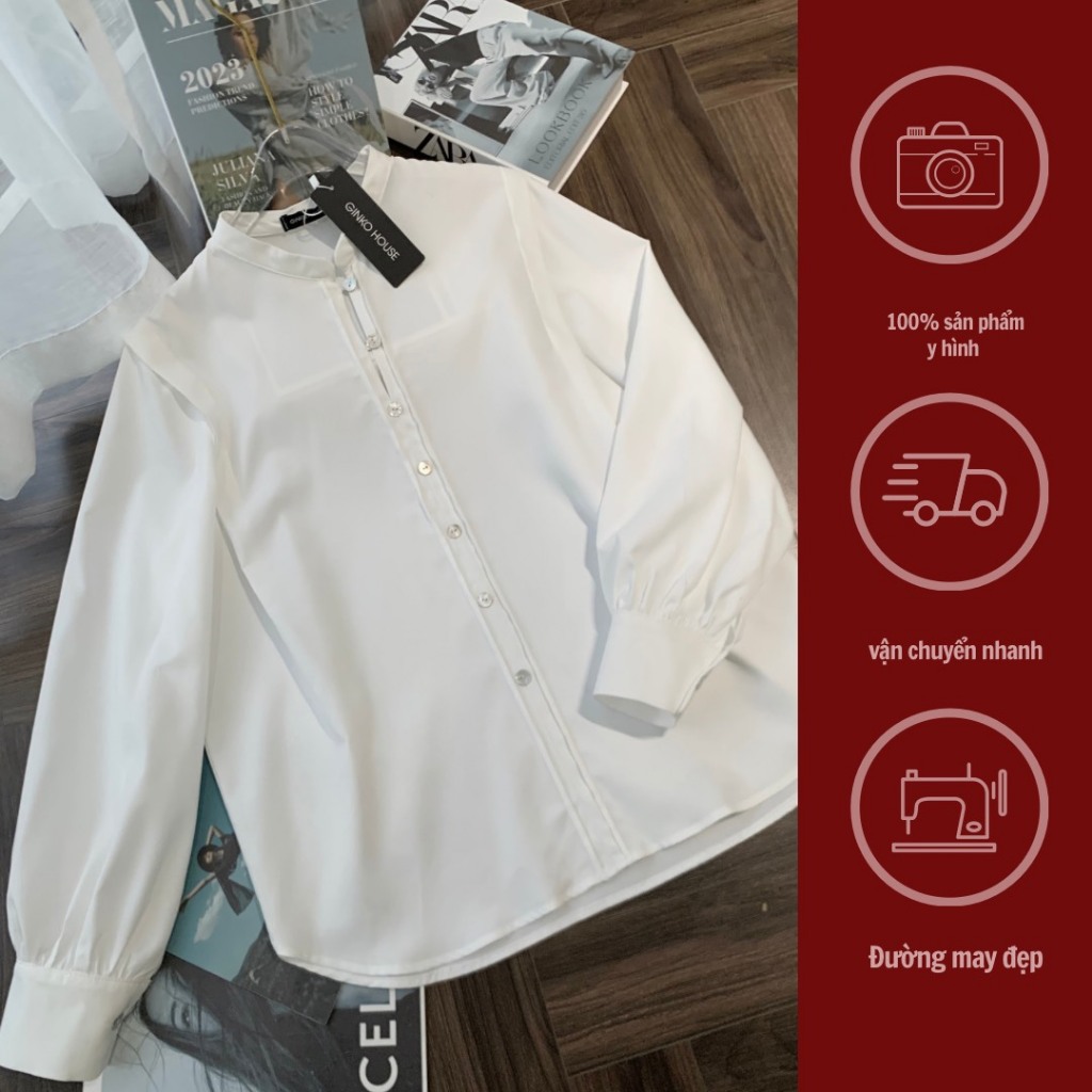 GINKO CLOTHING_Áo Sơ Mi Công Sở Nữ Cổ Tàu Phối Cúc Xà Cừ SM2402