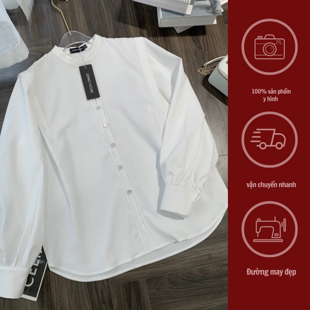 GINKO CLOTHING_Áo Sơ Mi Công Sở Nữ Cổ Tàu Phối Cúc Xà Cừ SM2402