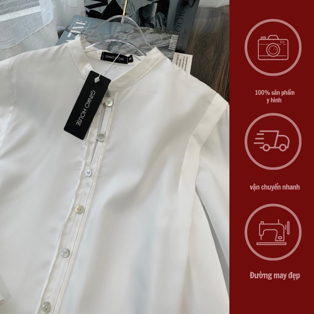 GINKO CLOTHING_Áo Sơ Mi Công Sở Nữ Cổ Tàu Phối Cúc Xà Cừ SM2402