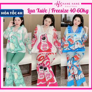 Đồ ngủ nữ 40-60kg, pijama dài tay voan cổ tim bèo lụa xước mềm mát 60DD18, đồ bộ nữ đồ mặc nhà tiểu thư dễ thương