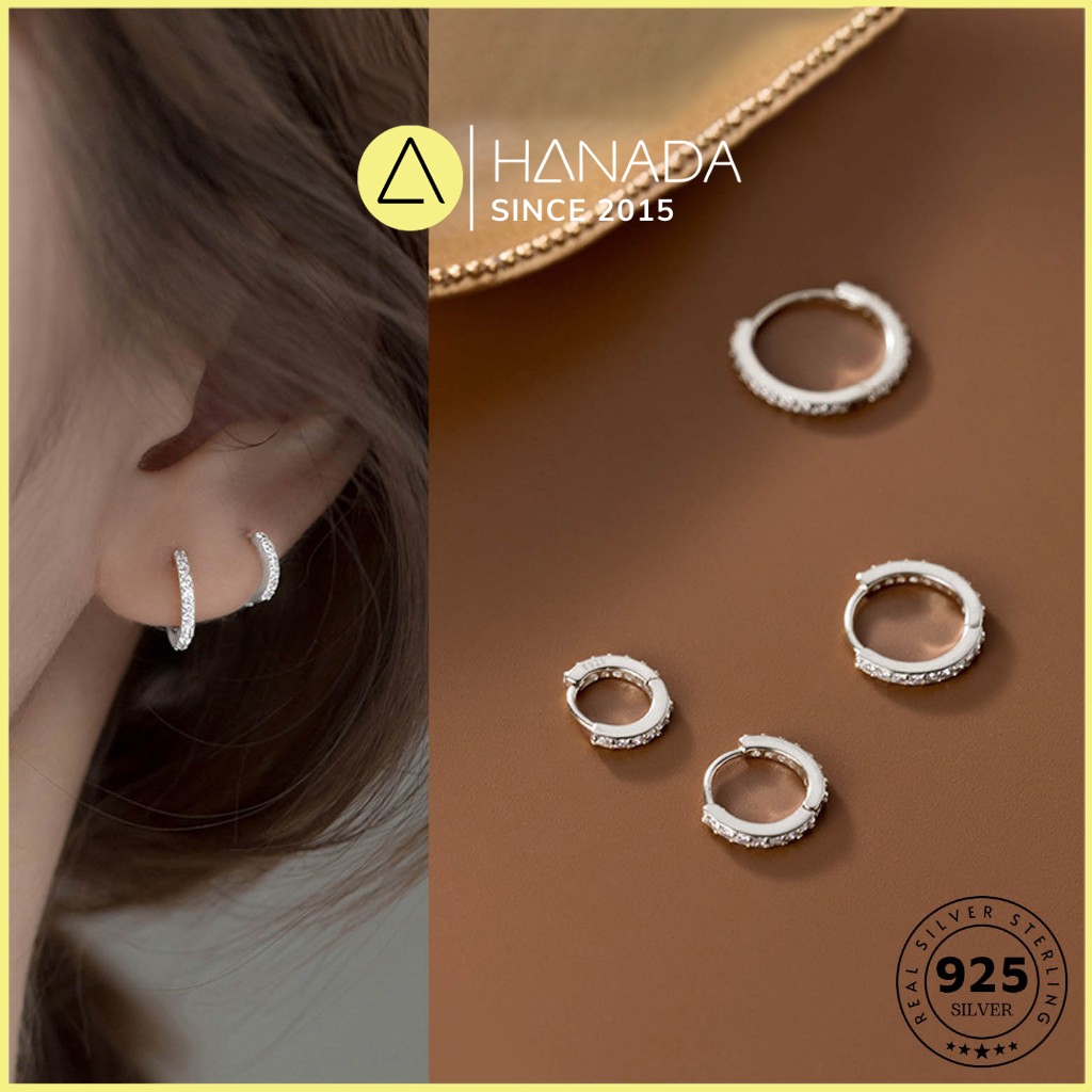 [BẠC 925-BH TRỌN ĐỜI] Khuyên Tròn Đá 6A BẠC 925 Không Rỉ Bấm Bật Bông Tai Tròn Đơn Giản Nam Nữ HANADA L1 0383 B2