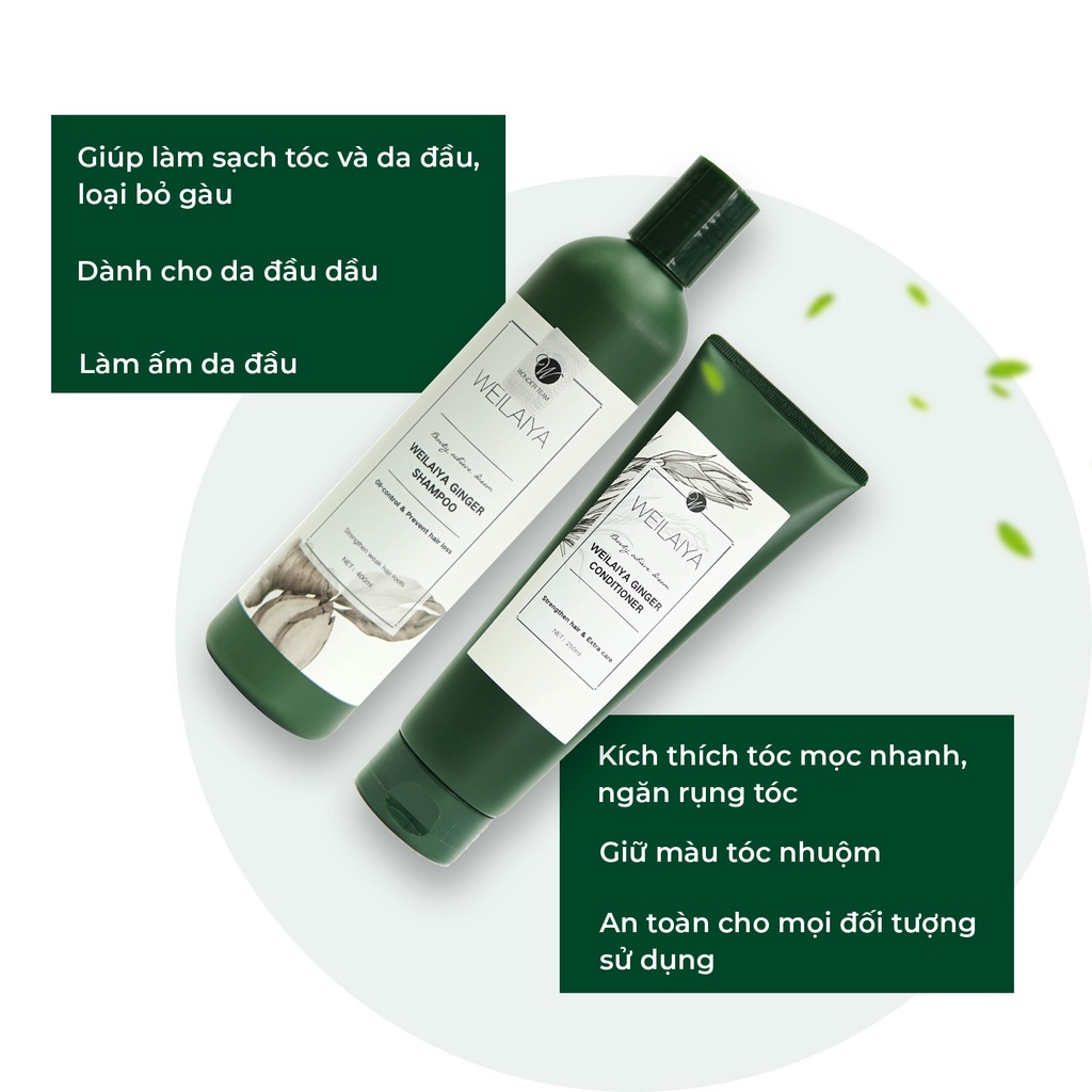 Cặp dầu gội đầu và dầu xả tóc thảo dược Weilaiya gừng trắng giúp ngăn rụng và kích thích mọc tóc kèm quà tặng