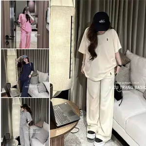 Bộ đồ nữ áo thun nữ tay lỡ quần ống rộng bigsize cạp cao lưng thun thêu ngựa TPCL501