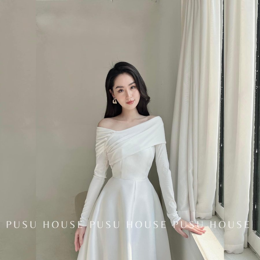 [ HÀNG SẴN-CHỤP THẬT 100%]Đầm thiết kế dự tiệc nữ tay dài trễ vai sang trọng thanh lịch