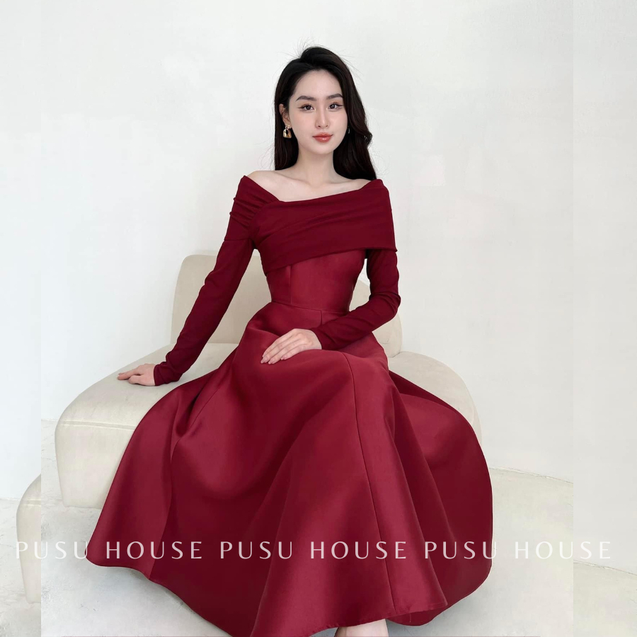 [ HÀNG SẴN-CHỤP THẬT 100%]Đầm thiết kế dự tiệc nữ tay dài trễ vai sang trọng thanh lịch