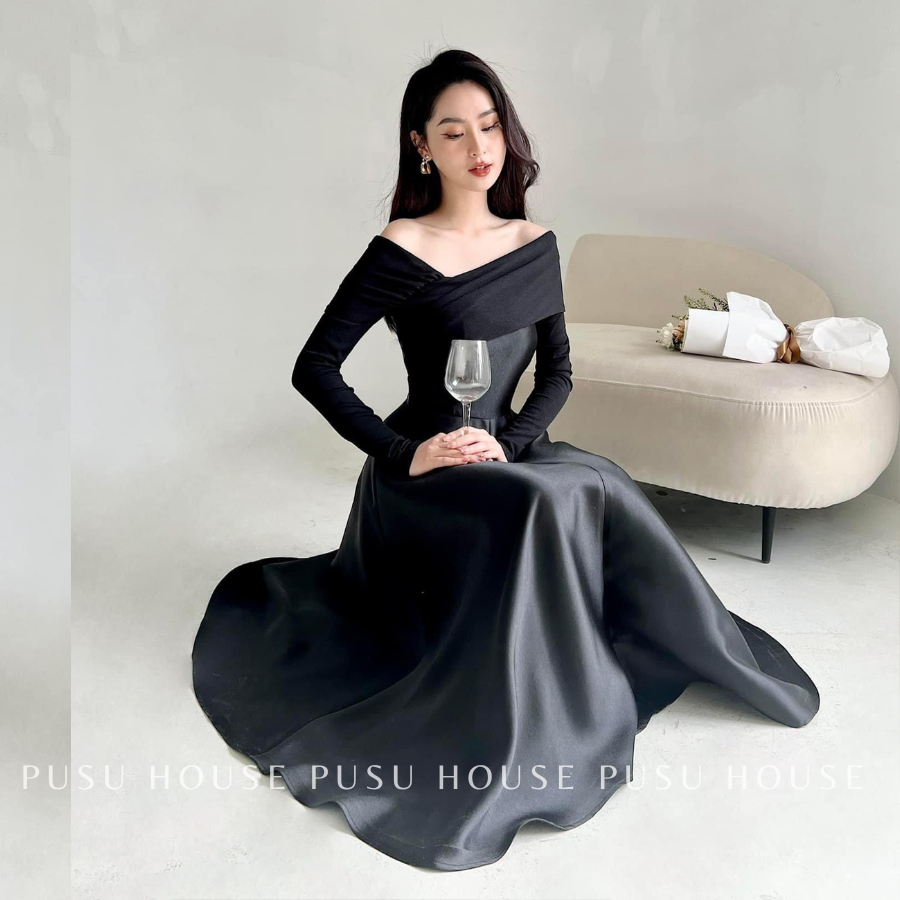 [ HÀNG SẴN-CHỤP THẬT 100%]Đầm thiết kế dự tiệc nữ tay dài trễ vai sang trọng thanh lịch