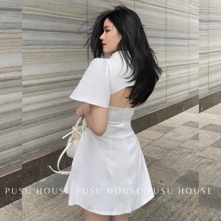[ HÌNH CHỤP THẬT 100%]Đầm form A cổ sơ mi hở lưng trẻ trung thanh lịch thiết kế nữ dự tiệc dạo phố công sở