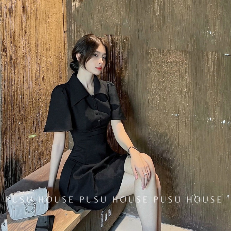 [ HÌNH CHỤP THẬT 100%]Đầm form A cổ sơ mi hở lưng trẻ trung thanh lịch thiết kế nữ dự tiệc dạo phố công sở