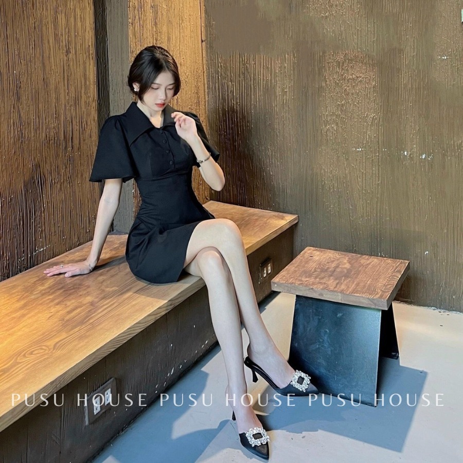 [ HÌNH CHỤP THẬT 100%]Đầm form A cổ sơ mi hở lưng trẻ trung thanh lịch thiết kế nữ dự tiệc dạo phố công sở