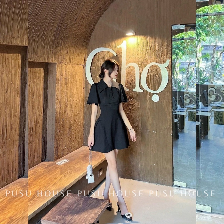[ HÌNH CHỤP THẬT 100%]Đầm form A cổ sơ mi hở lưng trẻ trung thanh lịch thiết kế nữ dự tiệc dạo phố công sở