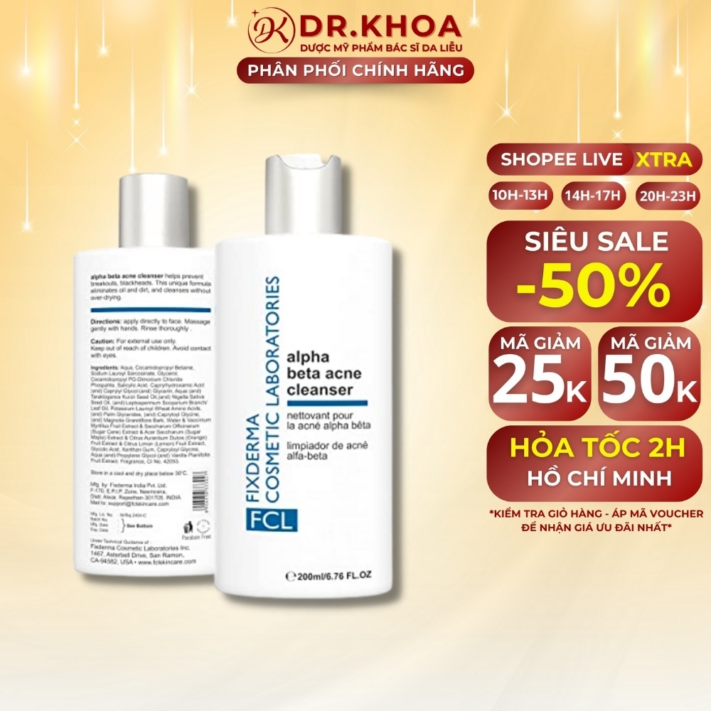 Sữa rửa mặt da dầu mụn Fixderma FCL Alpha Beta Acne Cleanser 200ml