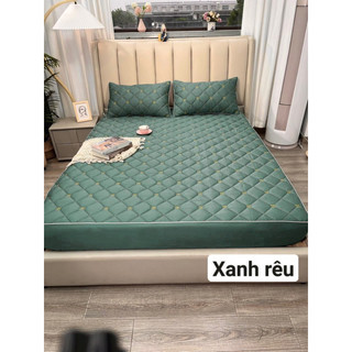 Bộ Ga Gối Trần Bông Thêu Chữ Kèm Hai Vỏ Gối Vải Phi Lụa Cao Cấp, Bo Chun Bọc Đệm Đủ Kích Thước