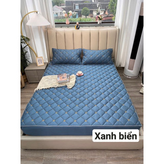 Bộ Ga Gối Trần Bông Thêu Chữ Kèm Hai Vỏ Gối Vải Phi Lụa Cao Cấp, Bo Chun Bọc Đệm Đủ Kích Thước