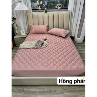 Bộ Ga Gối Trần Bông Thêu Chữ Kèm Hai Vỏ Gối Vải Phi Lụa Cao Cấp, Bo Chun Bọc Đệm Đủ Kích Thước