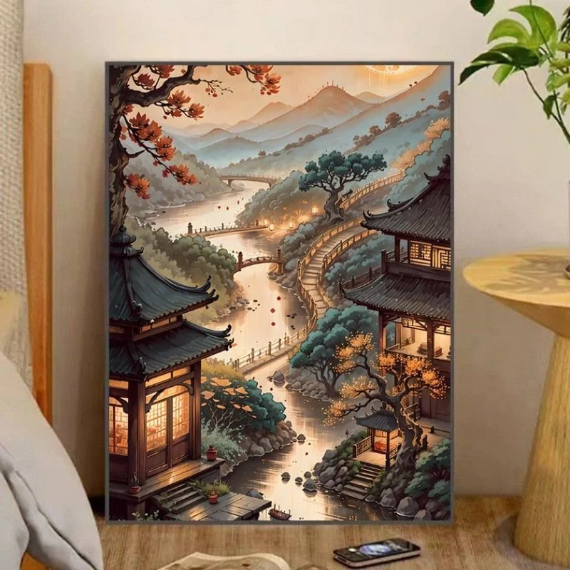 (XẢ KHO) Tranh Số Hóa , tranh sơn dầu 30*40cm CÓ KHUNG VÀ DỤNG CỤ VẼ - Tranh số hóa phong cảnh