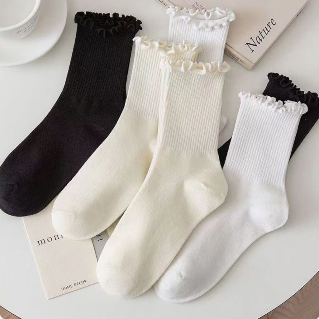Tất nữ cổ cao chất cotton mềm, Vớ nữ cổ bèo viền nhún phong cách hàn quốc cute dễ thương Style P012