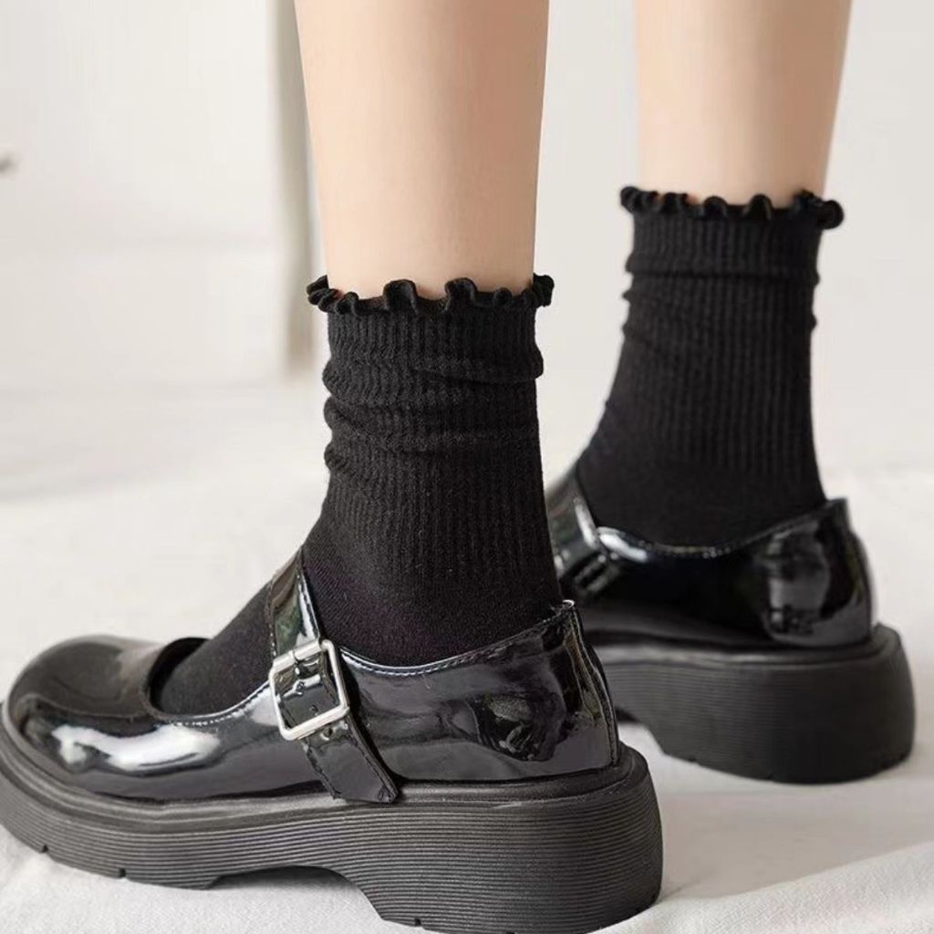 Tất nữ cổ cao chất cotton mềm, Vớ nữ cổ bèo viền nhún phong cách hàn quốc cute dễ thương Style P012