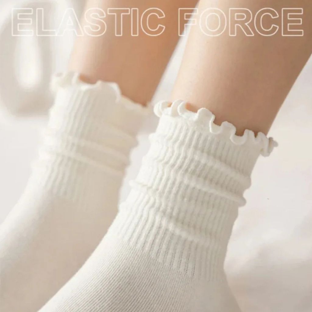 Tất nữ cổ cao chất cotton mềm, Vớ nữ cổ bèo viền nhún phong cách hàn quốc cute dễ thương Style P012