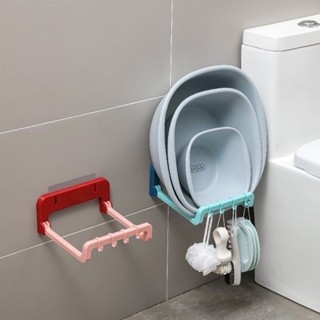 Giá treo thau chậu nhà tắm bằng nhựa dán tường không cần khoan có móc để đồ đa năng đi kèm gấp gọn.