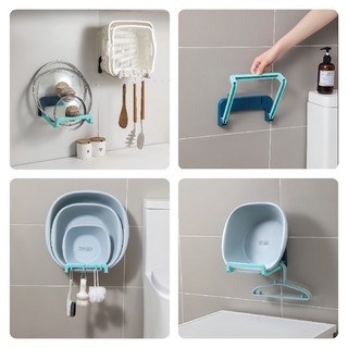 Giá treo thau chậu nhà tắm bằng nhựa dán tường không cần khoan có móc để đồ đa năng đi kèm gấp gọn.