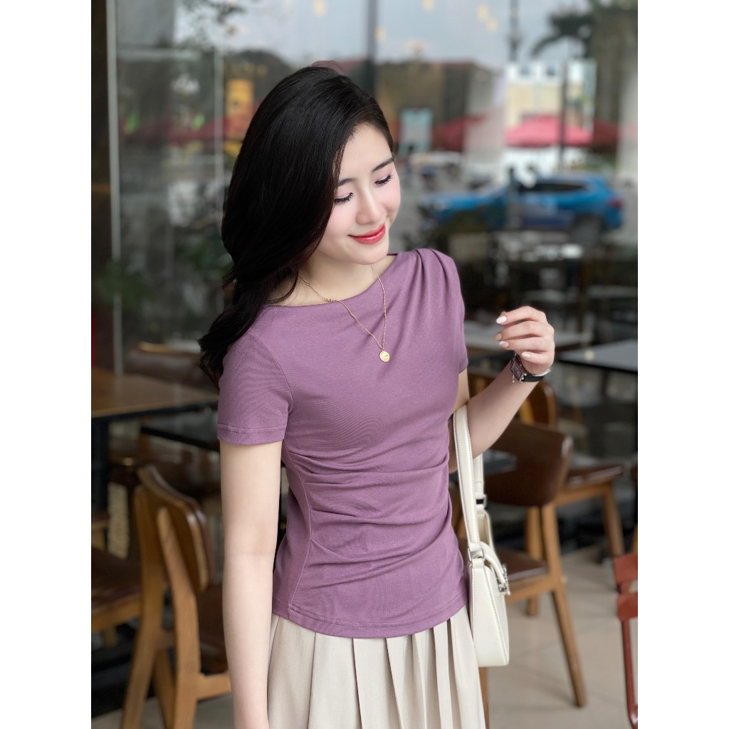 Ảnh Áo thun nữ lệch vai Evalover – Nhún eo gấu vát, vải cotton co giãn 4 chiều 3