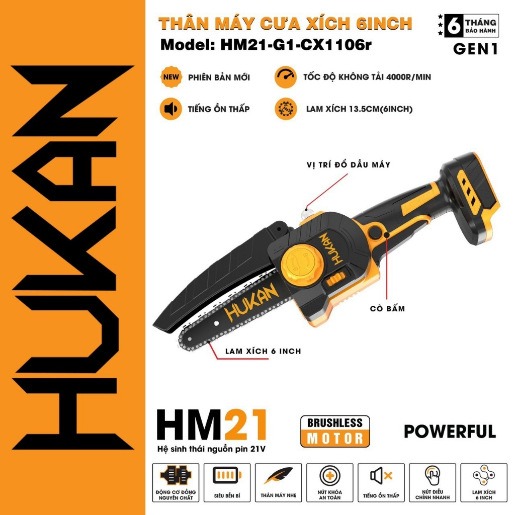 Thân Máy Cưa Xích 6inch HUKAN HM21-G1-CX1106r không chổi than có bình bơm nhớt ( Chưa Pin Sạc )
