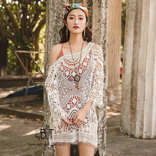 Áo ren choàng đi biển, mix ngoài bikini màu be 577