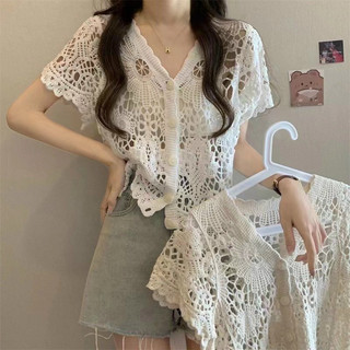 Áo len ren lưới đan hoạ tiết hoa siêu xinh hai màu trắng, be 1646
