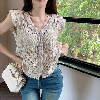 Áo ren lưới đan lỗ cổ V pha tay cánh tiên siêu điệu 633