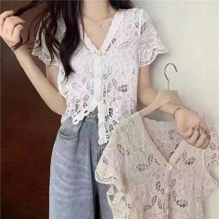 Áo len ren lưới đan hoạ tiết hoa siêu xinh hai màu trắng, be 1646