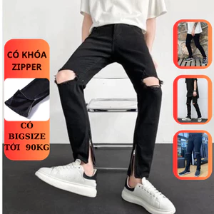 Quần Jean Nam Rách Gối Cá Tính Bigsize Ống Zip – Quần Bò Nam Đẹp Trơn Co Giãn Thời Trang
