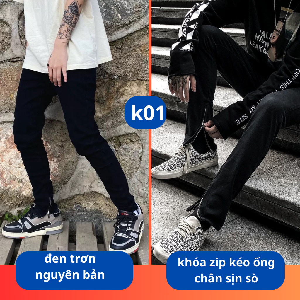 Quần Jean Nam Rách Gối Cá Tính Bigsize Ống Zip – Quần Bò Nam Đẹp Trơn Co Giãn Thời Trang