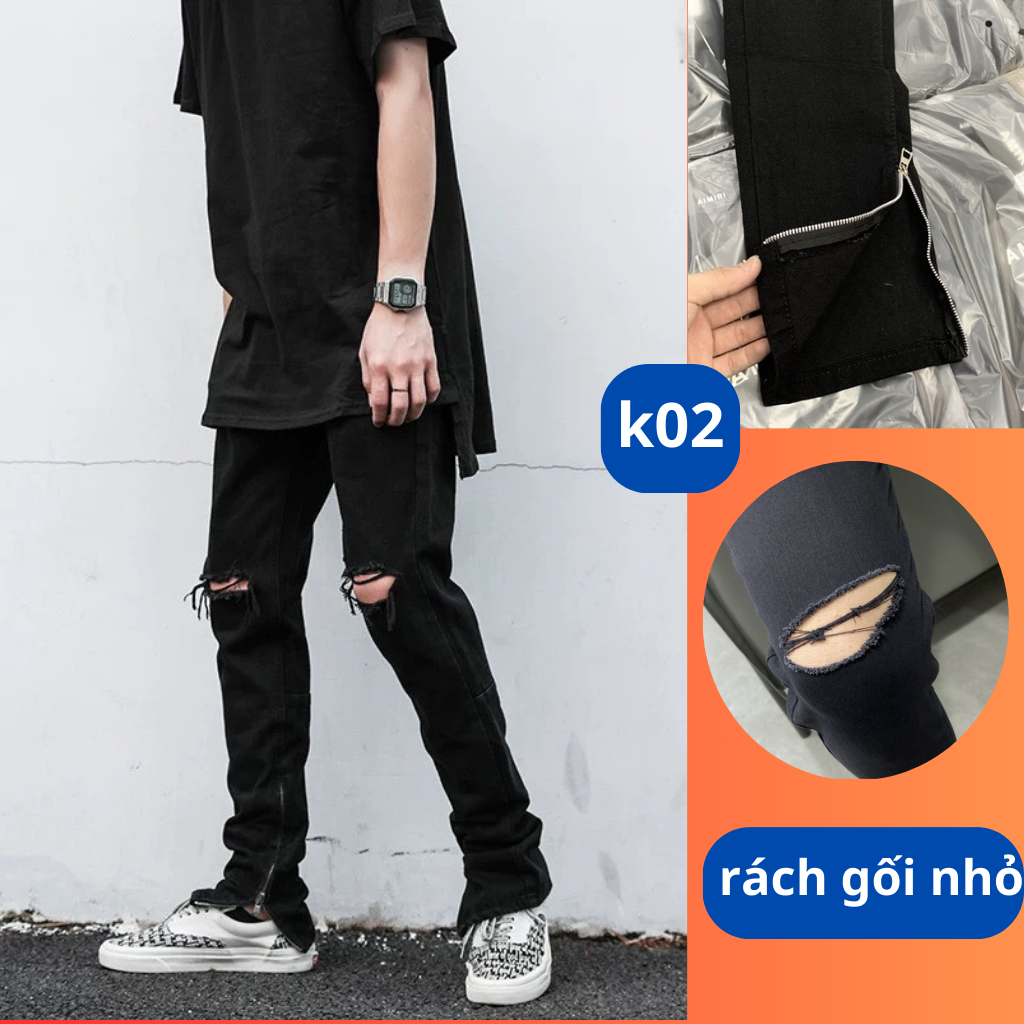 Quần Jean Nam Rách Gối Cá Tính Bigsize Ống Zip – Quần Bò Nam Đẹp Trơn Co Giãn Thời Trang