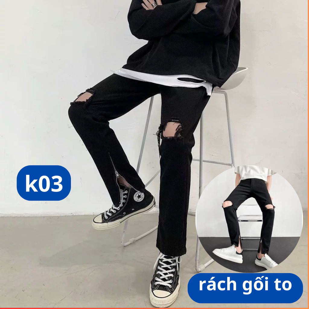 Quần Jean Nam Rách Gối Cá Tính Bigsize Ống Zip – Quần Bò Nam Đẹp Trơn Co Giãn Thời Trang