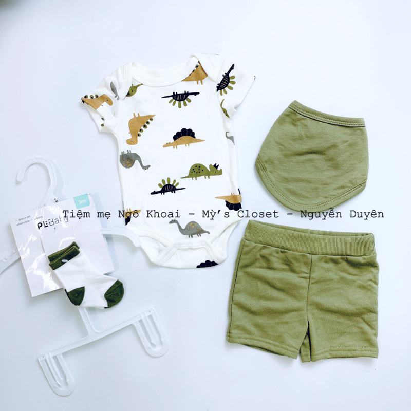 [MD86]PL BABY Set body chip kèm quần, yếm cổ và tất hoạ tiết khủng long xinh yêu cho bé trai