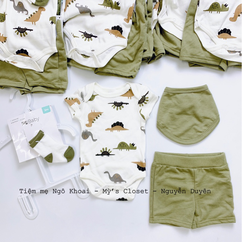 [MD86]PL BABY Set body chip kèm quần, yếm cổ và tất hoạ tiết khủng long xinh yêu cho bé trai