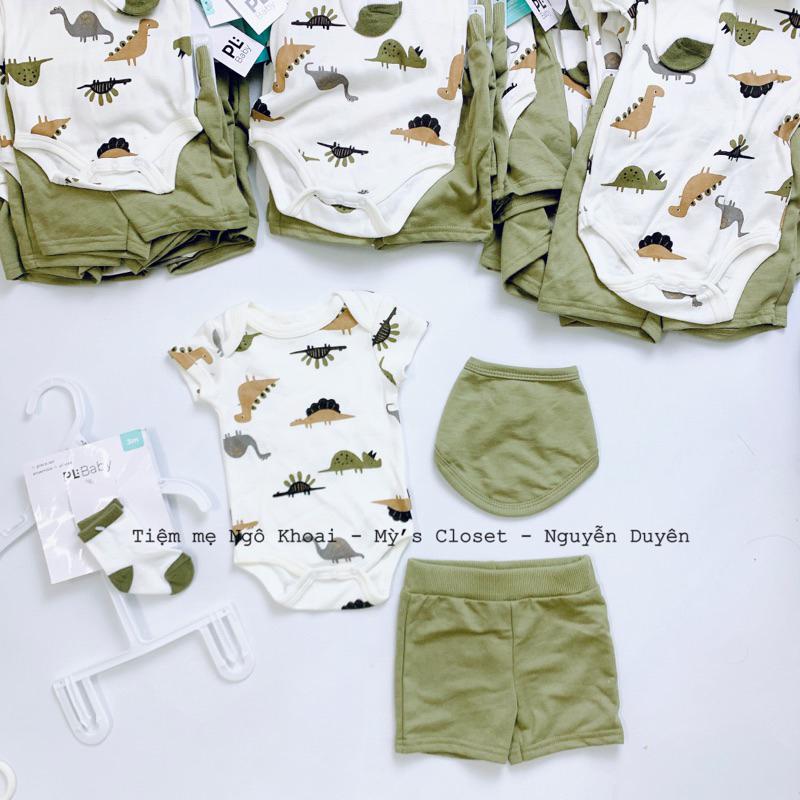 [MD86]PL BABY Set body chip kèm quần, yếm cổ và tất hoạ tiết khủng long xinh yêu cho bé trai