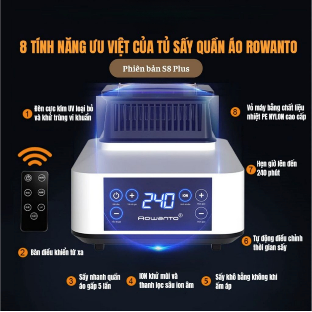 Tủ sấy quần áo Rowanto, Máy sấy quần áo cao cấp, Sấy quần áo nhanh khô và thơm Ion Âm khử sạch vi khuẩn trong mùa nồm ẩm