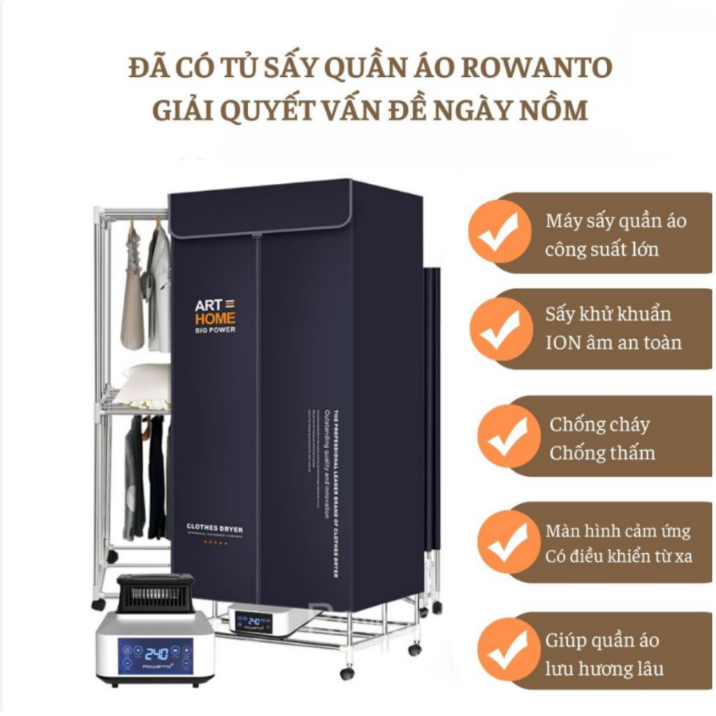 Tủ sấy quần áo Rowanto, Máy sấy quần áo cao cấp, Sấy quần áo nhanh khô và thơm Ion Âm khử sạch vi khuẩn trong mùa nồm ẩm
