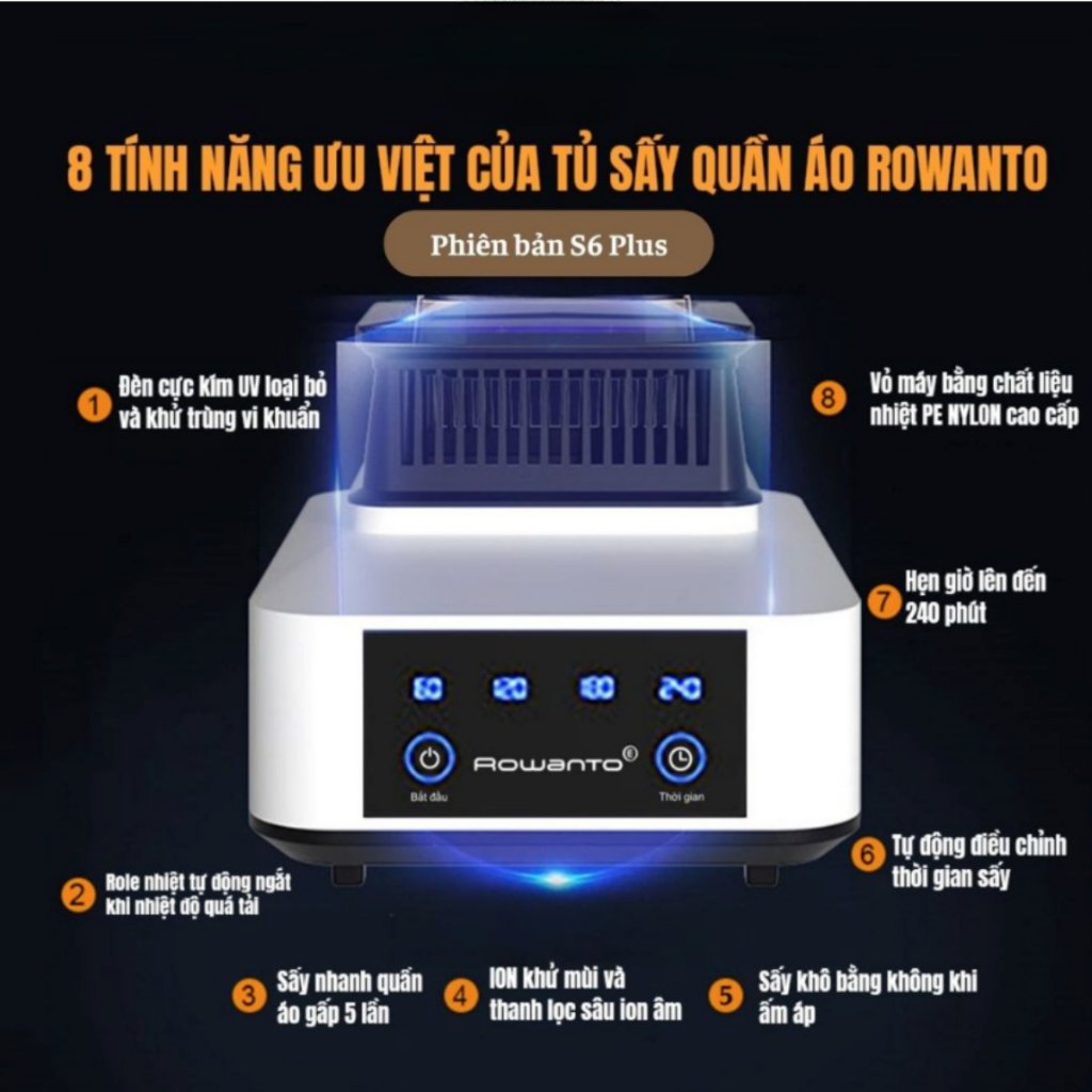 Tủ sấy quần áo Rowanto, Máy sấy quần áo cao cấp, Sấy quần áo nhanh khô và thơm Ion Âm khử sạch vi khuẩn trong mùa nồm ẩm