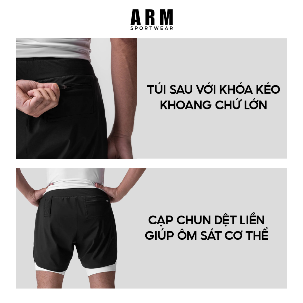 Quần Tập Gym Nam 2 lớp ARM Gym Power Short thoáng khí, thấm hút mồ hôi và khô nhanh, thoải mái vận động