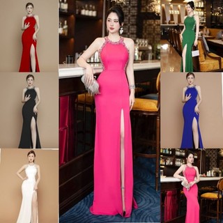 Đầm dạ hội cổ yếm kết đá pha lê cao cấp TẶNG KÈM HOA TAI THỜI TRANG