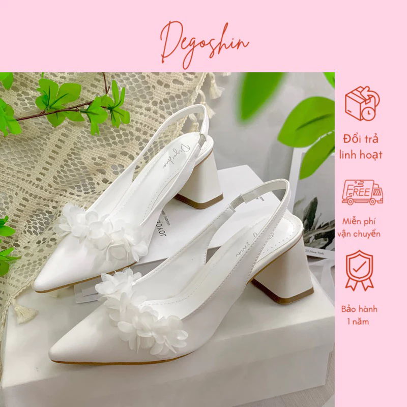 Giày cưới Slingback THIẾT KẾ đính Hoa TÚ CẦU- giày cao 7cm gót trụ Da Pu