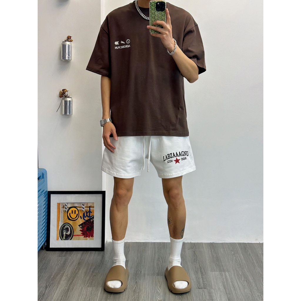 Quần Đùi Short Nam Nữ REDLABEL Họa Tiết In Chữ LABZAAAGNU Cá Tính Cao Cấp Thun Nỉ Dày Dặn Có Túi Kết Hợp Dây Rút