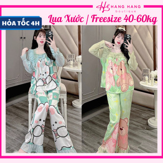 Đồ ngủ nữ 40-60kg, pijama dài tay voan cổ vuông ren lụa xước mềm mát 60DD42, đồ bộ nữ đồ mặc nhà tiểu thư dễ thương