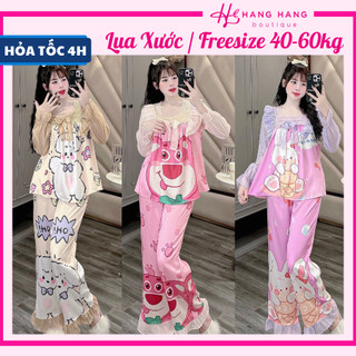 Đồ ngủ nữ 40-60kg, pijama dài tay voan cổ vuông ren lụa xước mềm mát 60DD42, đồ bộ nữ đồ mặc nhà tiểu thư dễ thương