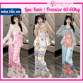 Đồ ngủ nữ 40-60kg, pijama dài tay voan cổ vuông ren lụa xước mềm mát 60DD42, đồ bộ nữ đồ mặc nhà tiểu thư dễ thương