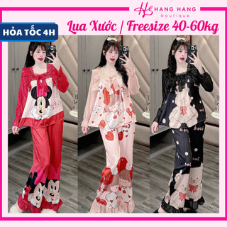 Đồ ngủ nữ 40-60kg, pijama dài tay voan cổ vuông ren lụa xước mềm mát 60DD42, đồ bộ nữ đồ mặc nhà tiểu thư dễ thương