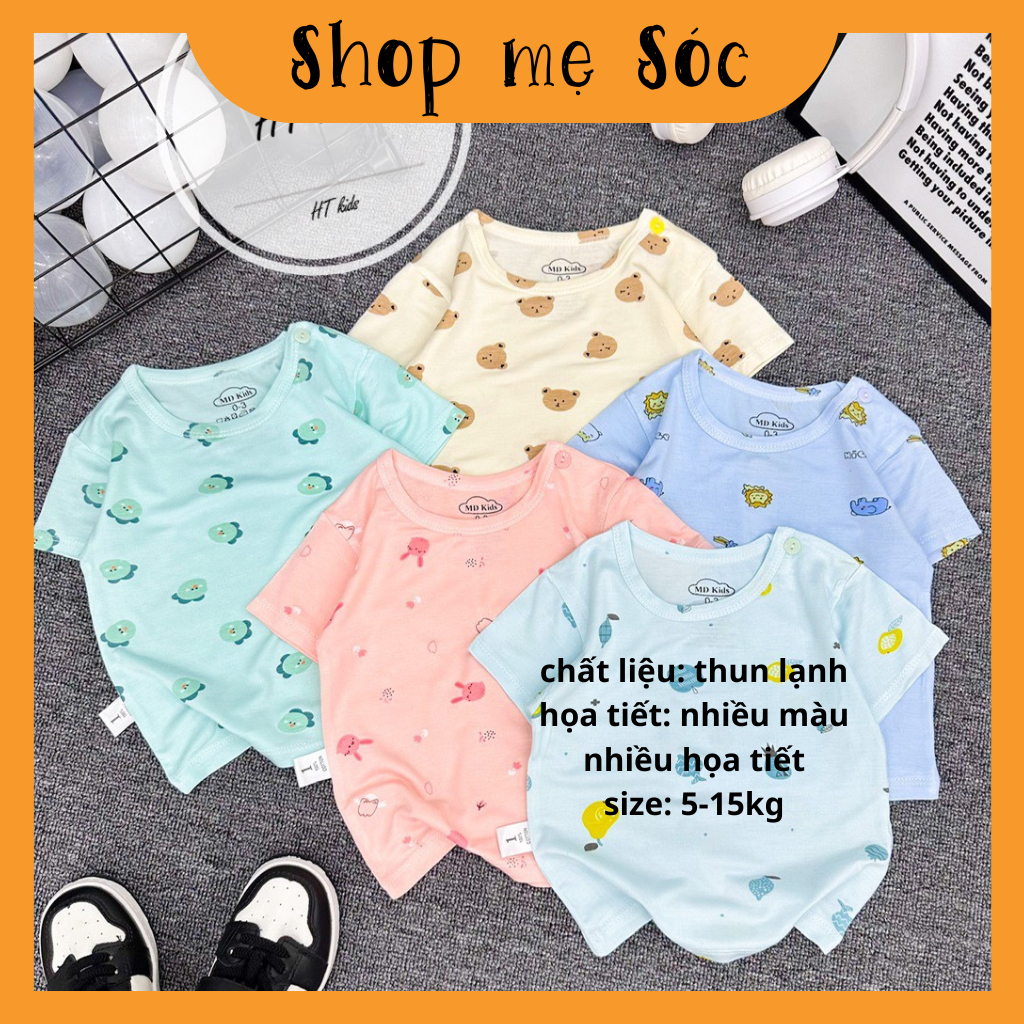 Áo cộc chất thun lạnh NHIỀU MÀU họa tiết thú đáng yêu, có cúc cài vai cho bé từ 4-14kg Mesocshop
